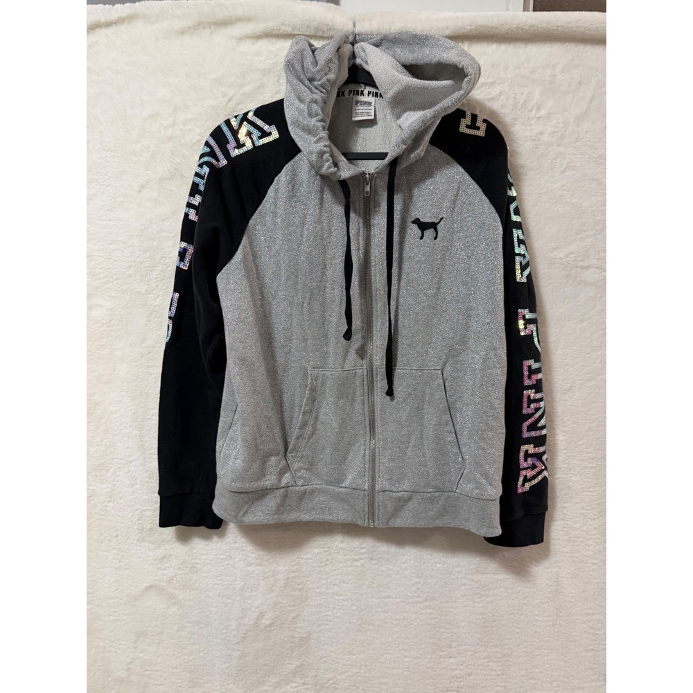 PINK Victoria's Secret Hoodie XL Silver Metallic Black Sequin Logo Full Zip XL